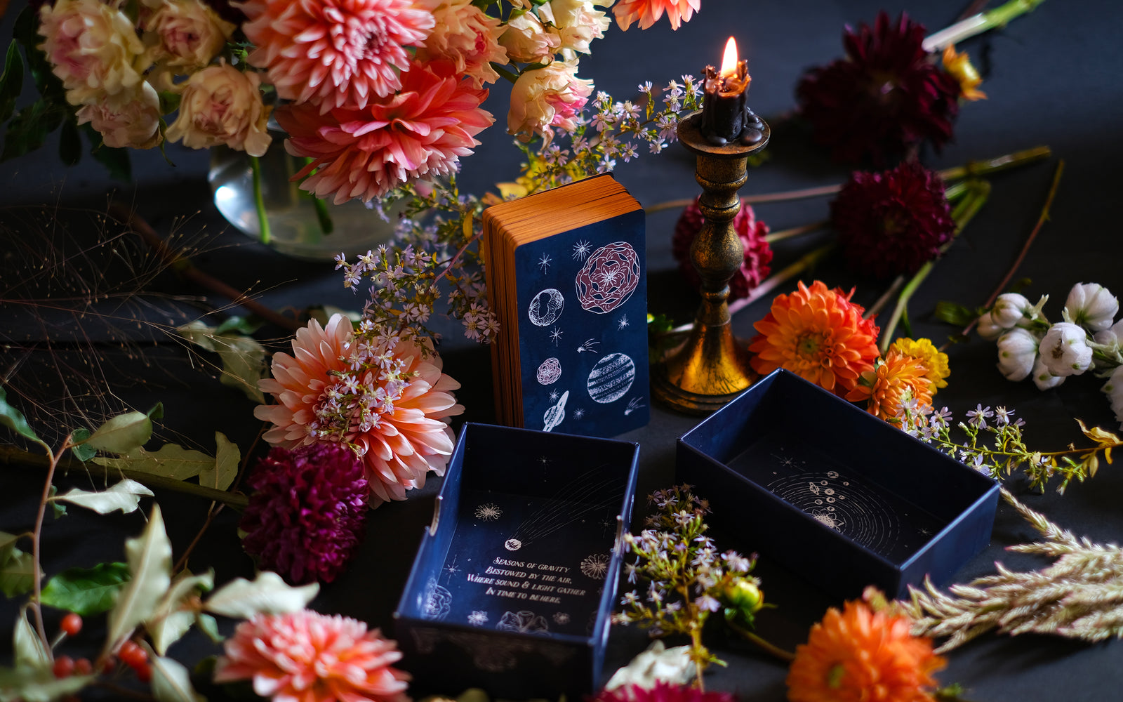 Ad Orbita is a botanical, astro Tarot deck, from the soil to the stars. Through 78 cards, the minor and major Arcana, we journey past the present night's sky into the realms of inner and outer space. Reflecting the plants, the planets and the universe. 